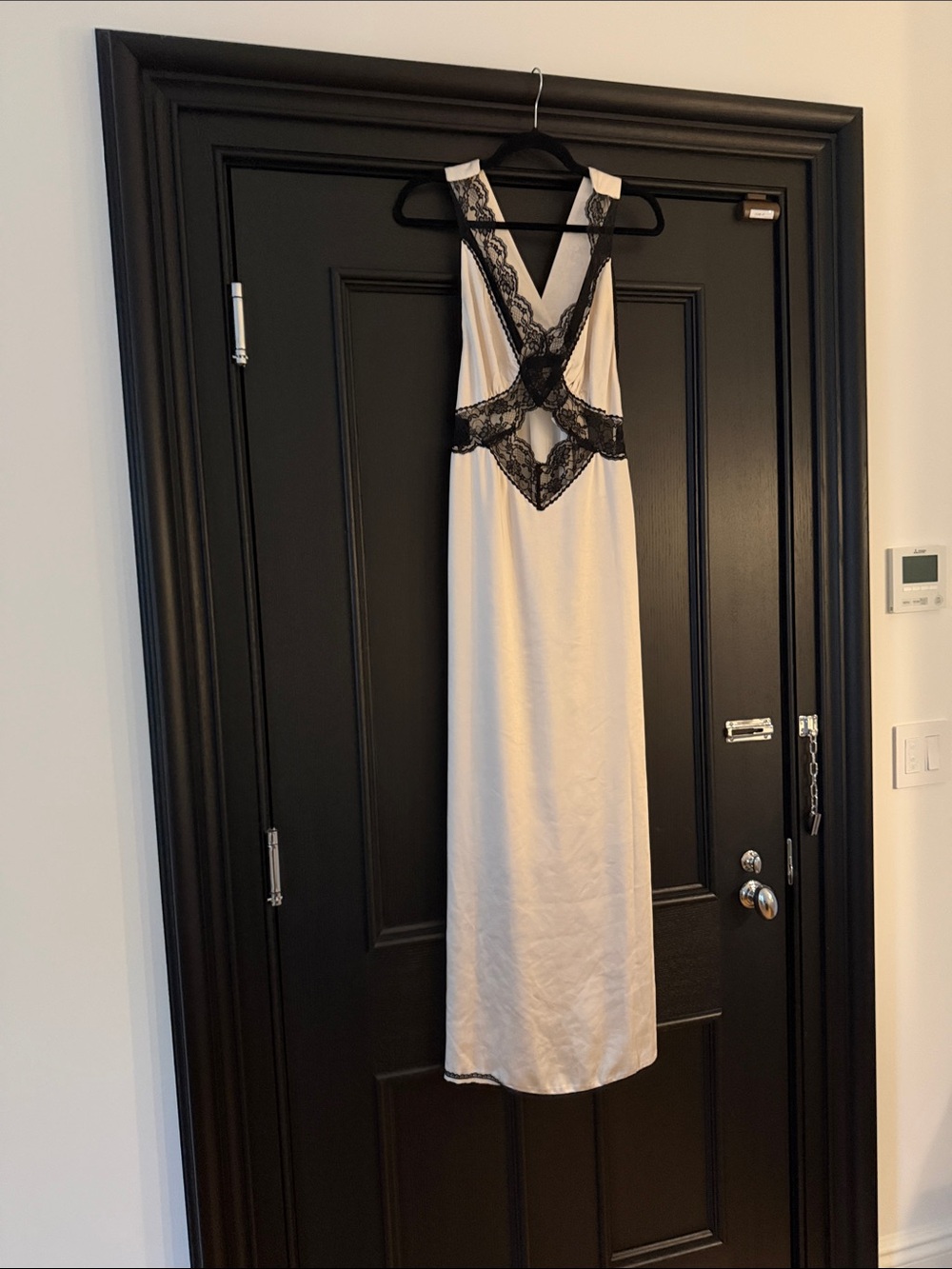 OPT White Satin Maxi Dress with Black Lace Trim